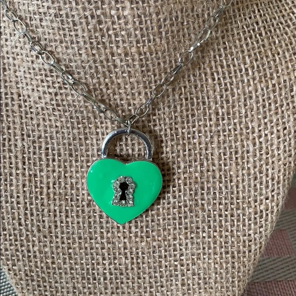 2/$10 Girls Green Heart Lock Rhinestone Pendant Necklace | 7 Inch